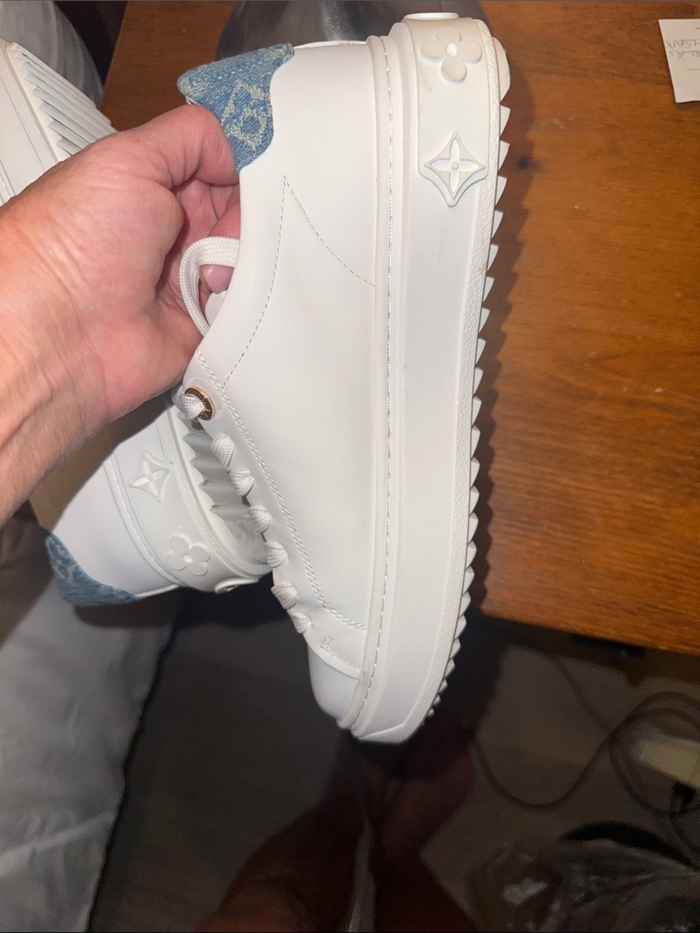 Louis Vuitton White Leather Low-Top Sneakers with Gold Accents - Picture 13 of 17